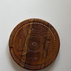 Hand-Carved Round Wooden Trivet - Brown